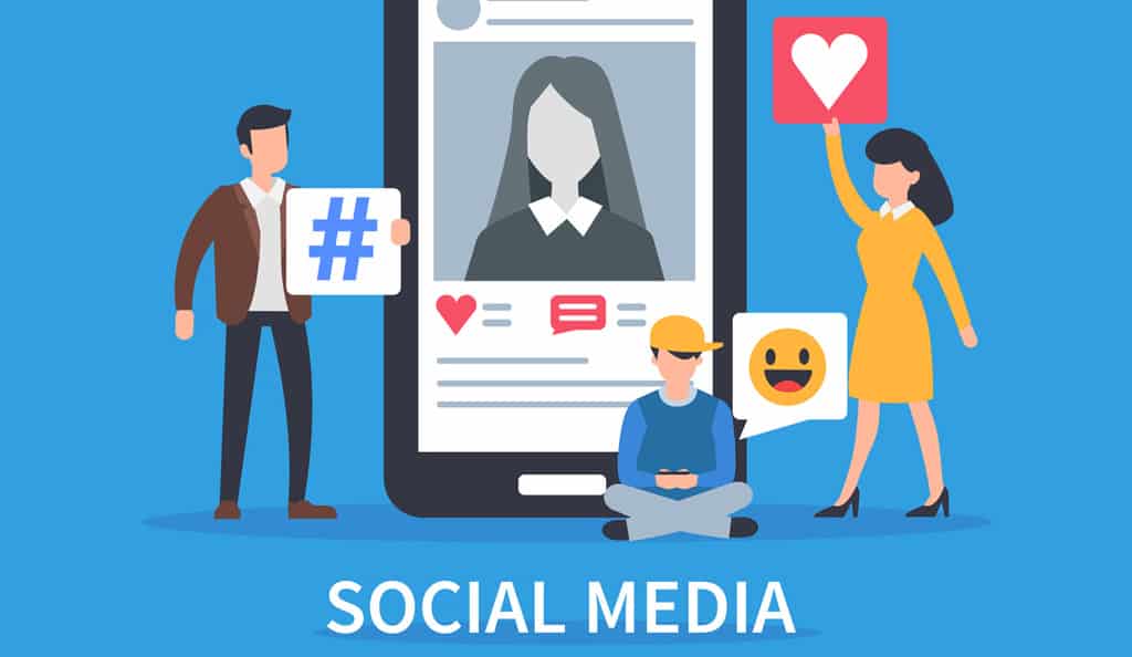 man woman child sitting around phone with social media elements illustration