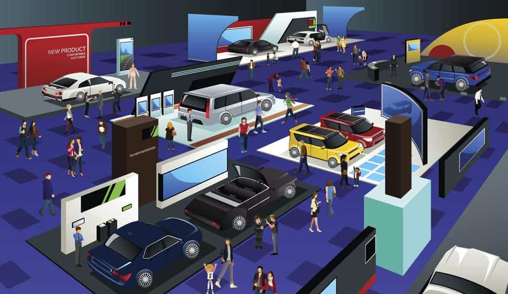 trade show booths at car show illustration