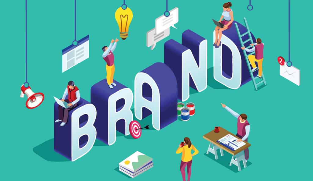 branding illustration showing people building a brand using letters