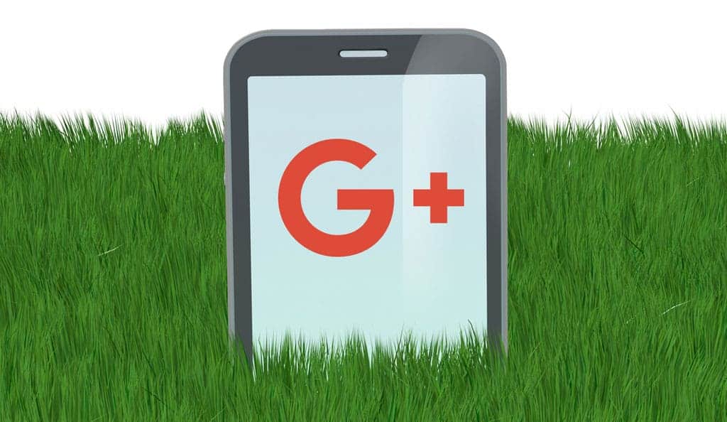 google+ logo on a mobile phone that is sticking out of the grass like a tombstone