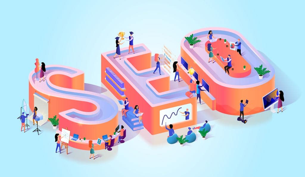 a cartoon image of people working around 3D letters that spell out SEO