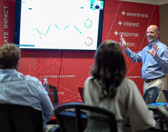 Joe presenting StoryBrand on a flat screen TV