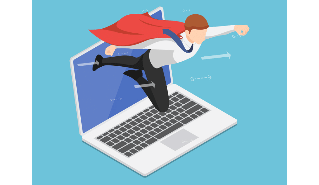 business hero flying out of a laptop screen