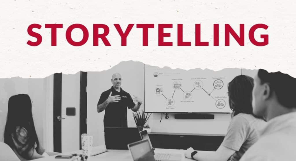 a marketing professional giving a presentation to a group with the graphic "Storytelling" in red above