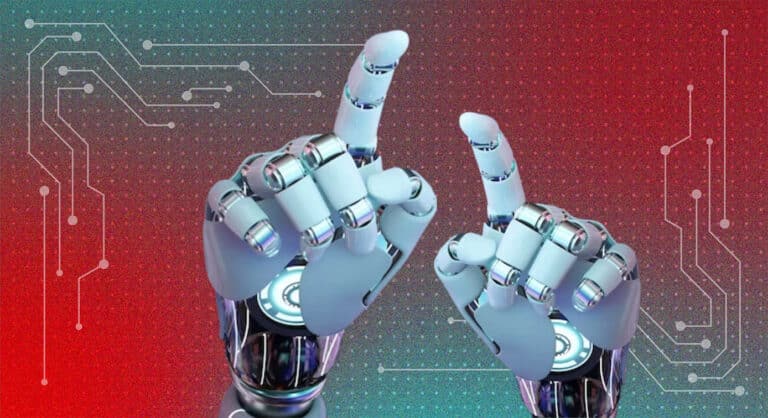 An image of two robot hands both pointing with their index fingers.