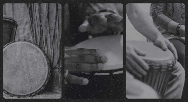 Three vertical images each showing a pair of hands beating on drums