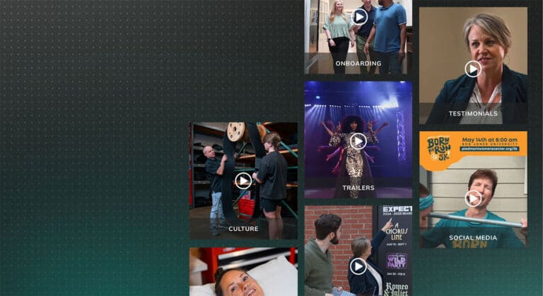 a graphic with screenshots of different types of video with text under each type that says, "onboarding, testimonials, trailers, culture, and social media"