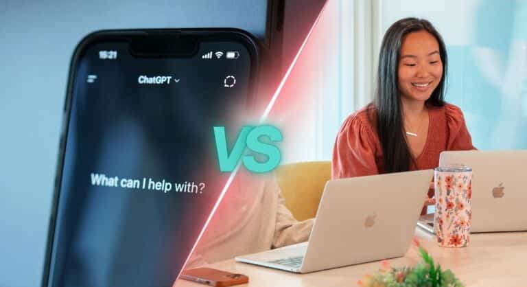 a split image with the text "vs" in the middle with a woman working on a laptop on the right and an image of a phone with ChatGPT asking, "What can I help with?" on the left