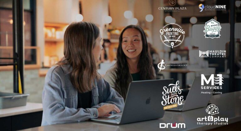Two women sitting in front of a laptop with several brand logos lined up to the right of them.