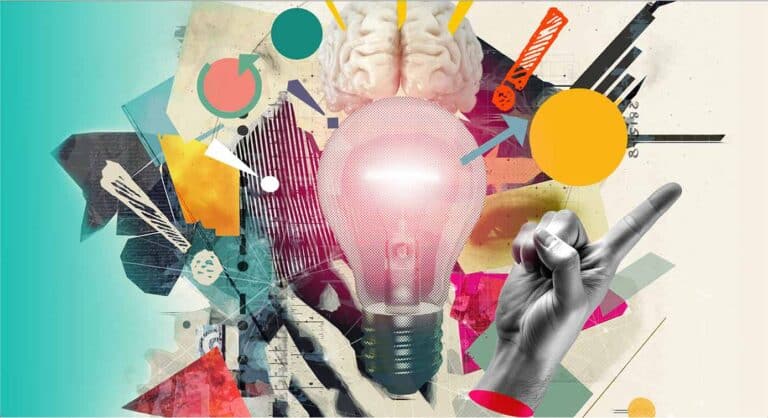 a graphic with a lightbulb in the center, a human brain at the top, and a human hand on the right