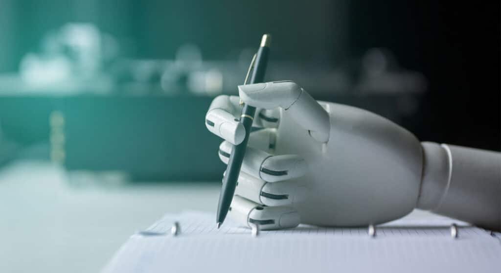 a robot hand holding a pen.