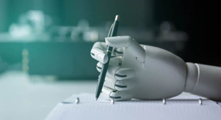 a robot hand holding a pen.