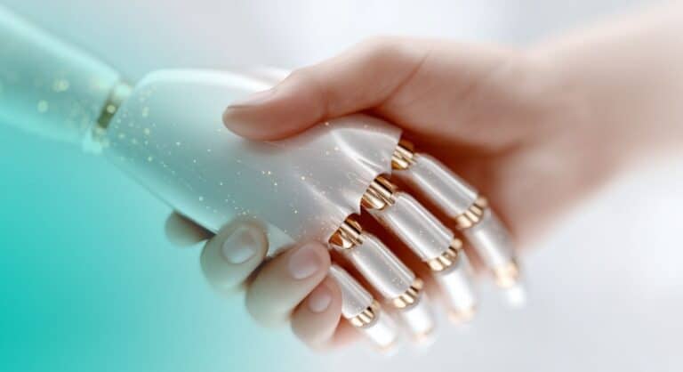 a robot hand shaking hands with a human hand