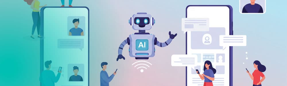 a graphic of an AI bot between two phones with messages on them