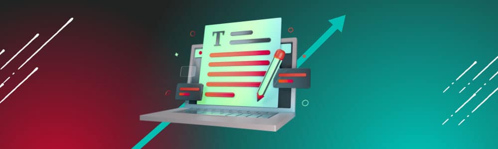 a graphic of a laptop with an open document and pencil hovering outside of it. 