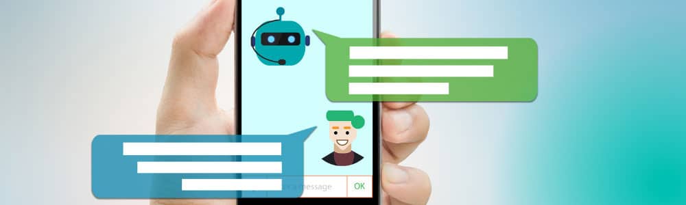 a hand holding a phone showing a chat bot messaging with a customer