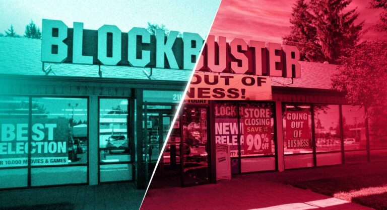 a photo of a BlockBuster showing it before and after it went out of business.