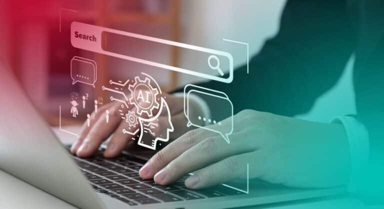 a person typing on a laptop with a graphic of a search bar hovering over their hands.