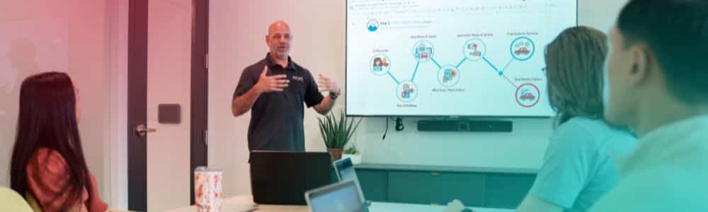 a man standing next to a powerpoint leading a meeting