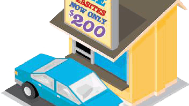 a car at a small drive thru that says free websites no only 200 dollars