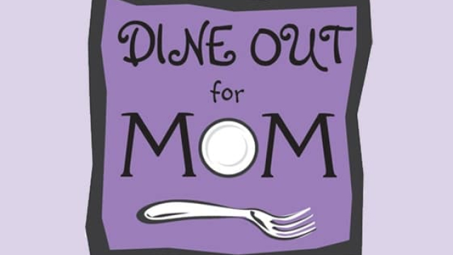 a Dine Out for Mom graphic with a plate and a fork implemented into the graphic