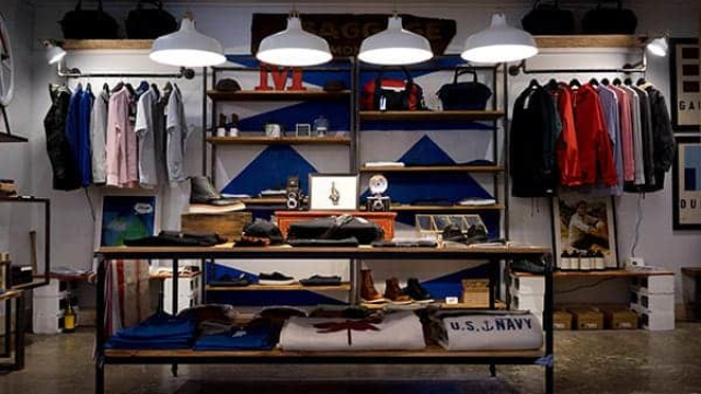 a picture of a clothing retail store's shelves with clothes and accessories