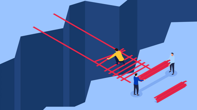 a cartoon-like image of 3 men building a bridge with red stick across a narrow canyon
