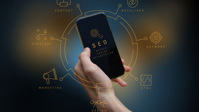 man's hand holding phone with SEO wording surrounding it