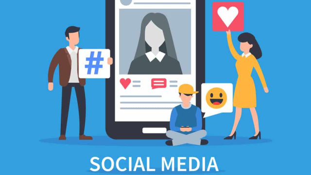 man woman child sitting around phone with social media elements illustration