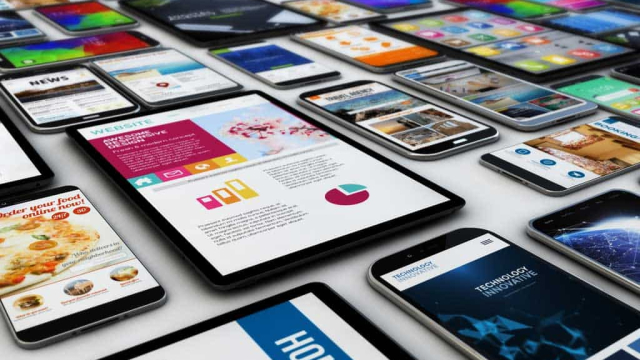 Various web designs and graphics on smart phones and tablets