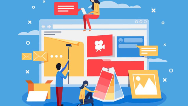 illustration of people adding content to a web design
